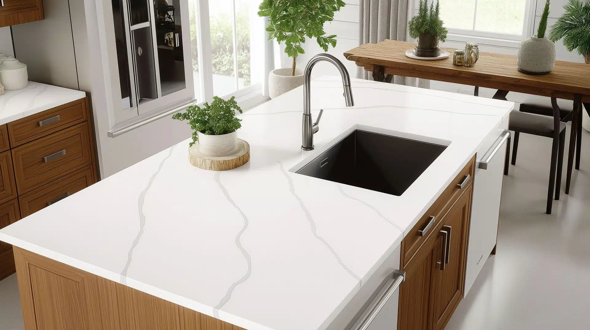 آشپزخانه مدرن با صفحه کابینت کورین براق، سینک مشکی و نور طبیعی که با تزئینات چوبی گرم هماهنگ است.