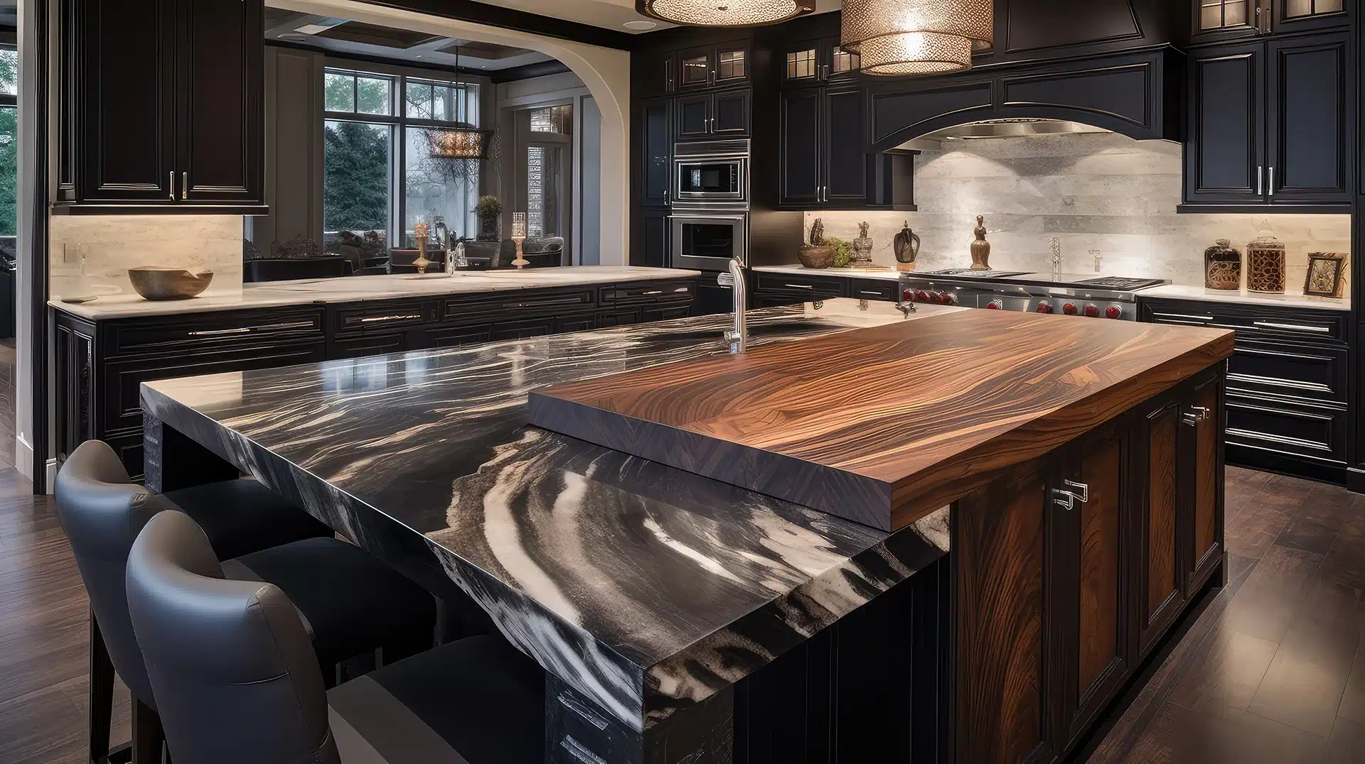 کانترهای کورین لوکس چوبی و رنگ مشکی با رگه های سفید آشپزخانه