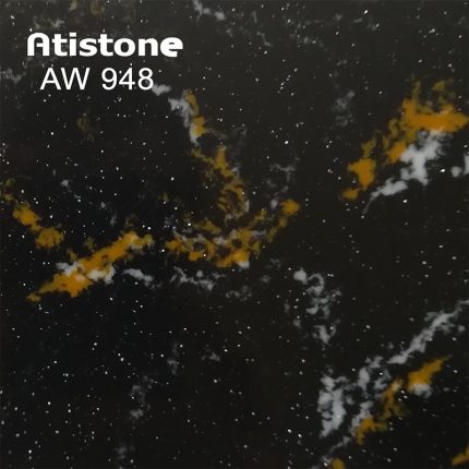 ورق آتیستون مدل AW-948 دارای رنگ زمینه مشکی با رگه های سفید، طلایی و نارنجی